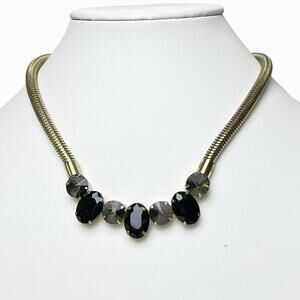 Curved Bar Pendant Necklace Choker Faceted Rhinestones Snake Chain Gold Tone